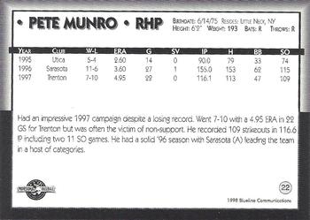1998 Blueline Q-Cards Pawtucket Red Sox #22 Pete Munro Back