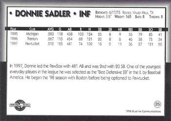 1998 Blueline Q-Cards Pawtucket Red Sox #25 Donnie Sadler Back