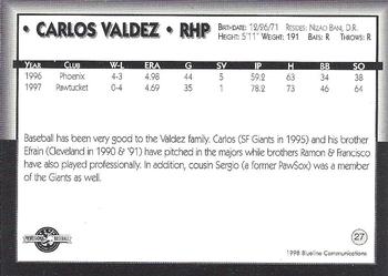 1998 Blueline Q-Cards Pawtucket Red Sox #27 Carlos Valdez Back