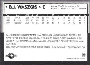 1998 Blueline Q-Cards Pawtucket Red Sox #29 B.J. Waszgis Back