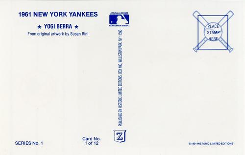 1991 Historic Limited Editions 1961 New York Yankees (Series 1) #1 Yogi Berra Back