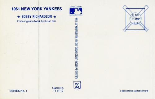 1991 Historic Limited Editions 1961 New York Yankees (Series 1) #11 Bobby Richardson Back