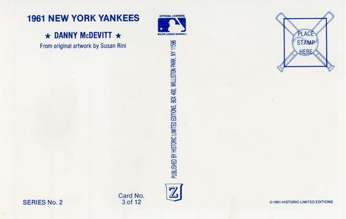 1991 Historic Limited Editions 1961 New York Yankees (Series 2) #3 Danny McDevitt Back