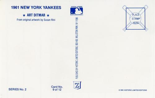 1991 Historic Limited Editions 1961 New York Yankees (Series 2) #9 Art Ditmar Back