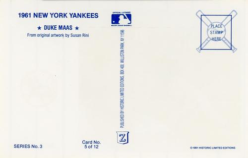 1991 Historic Limited Editions 1961 New York Yankees (Series 3) #5 Duke Maas Back