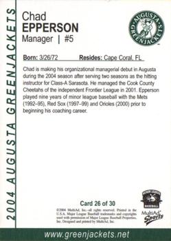2004 MultiAd Augusta GreenJackets #26 Chad Epperson Back