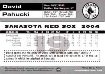 2004 Grandstand Sarasota Red Sox #NNO David Pahucki Back