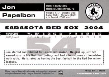 2004 Grandstand Sarasota Red Sox #NNO Jon Papelbon Back