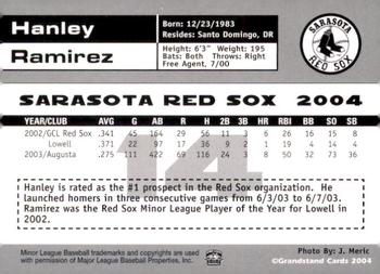 2004 Grandstand Sarasota Red Sox #NNO Hanley Ramirez Back