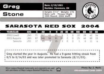 2004 Grandstand Sarasota Red Sox #NNO Greg Stone Back