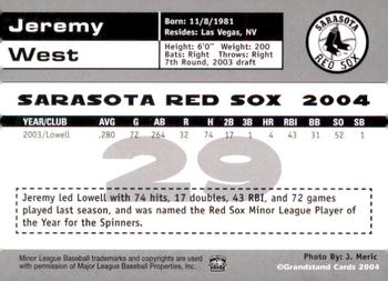 2004 Grandstand Sarasota Red Sox #NNO Jeremy West Back