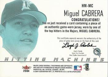 2004 Ultra - Hitting Machines Jerseys Silver #HM-MC Miguel Cabrera Back