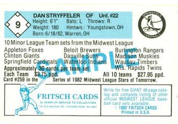 1982 Fritsch Springfield Cardinals - Samples #9 Dan Stryffeler Back