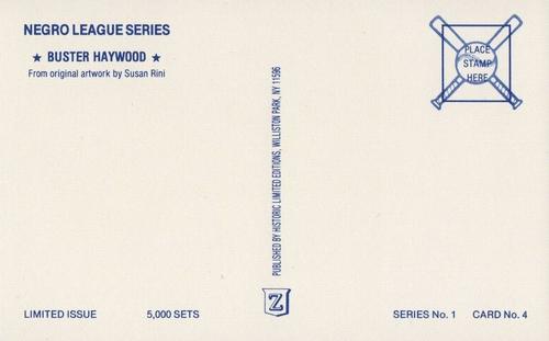 1989 Historic Limited Editions Negro League Postcards #4 Buster Haywood Back