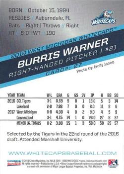 2018 Choice West Michigan Whitecaps #27 Burris Warner Back