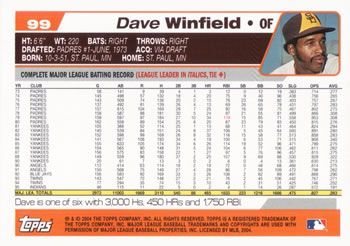 2004 Topps Retired Signature Edition #99 Dave Winfield Back