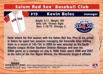 2010 Grandstand Salem Red Sox #NNO Kevin Boles Back