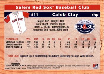 2010 Grandstand Salem Red Sox #NNO Caleb Clay Back