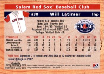 2010 Grandstand Salem Red Sox #NNO Will Latimer Back