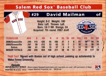 2010 Grandstand Salem Red Sox #NNO David Mailman Back