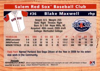 2010 Grandstand Salem Red Sox #NNO Blake Maxwell Back
