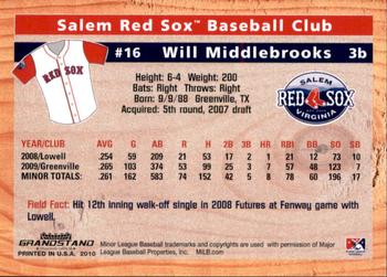 2010 Grandstand Salem Red Sox #NNO Will Middlebrooks Back
