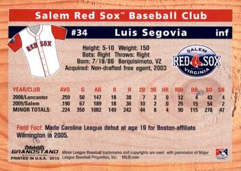 2010 Grandstand Salem Red Sox #NNO Luis Segovia Back