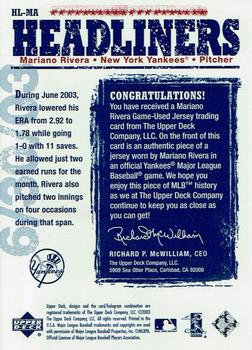 2004 Upper Deck - Headliners Jerseys #HL-MA Mariano Rivera Back