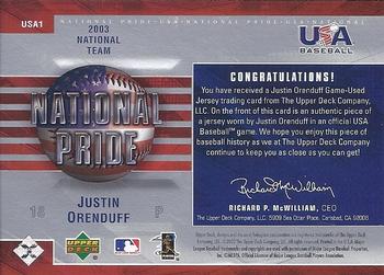 2004 Upper Deck - National Pride Uniforms Series One #USA1 Justin Orenduff Back