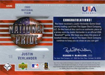 2004 Upper Deck - National Pride Uniforms Series One #USA5 Justin Verlander Back