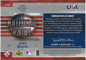 2004 Upper Deck - National Pride Uniforms Series One #USA6 Jered Weaver Back