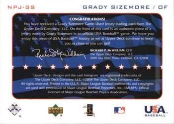 2004 Upper Deck - National Pride Memorabilia Series Two #NPJ-GS Grady Sizemore Back