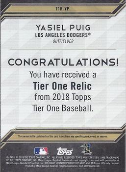 2018 Topps Tier One - Tier One Relics #T1R-YP Yasiel Puig Back