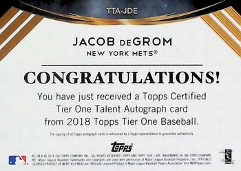 2018 Topps Tier One - Tier One Talent Autographs #TTA-JDE Jacob deGrom Back
