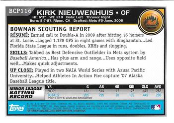 2010 Bowman Chrome - Prospects Autographs #BCP116 Kirk Nieuwenhuis Back