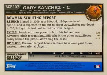 2010 Bowman Chrome - Prospects Autographs Red Refractors #BCP207 Gary Sanchez Back