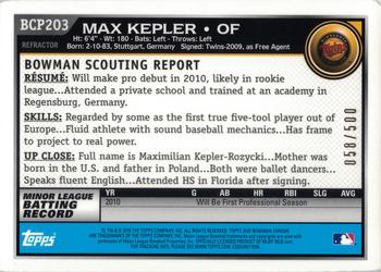 2010 Bowman Chrome - Prospects Autographs Refractors #BCP203 Max Kepler Back