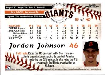 2016 Grandstand San Jose Giants #15 Jordan Johnson Back