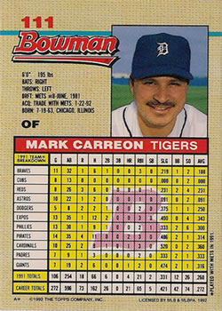 1992 Bowman #111 Mark Carreon Back