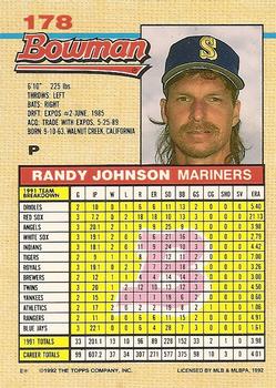 1992 Bowman #178 Randy Johnson Back