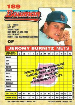 1992 Bowman #189 Jeromy Burnitz Back