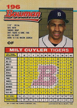 1992 Bowman #196 Milt Cuyler Back