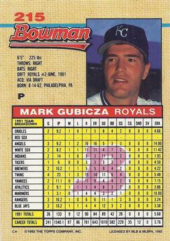 1992 Bowman #215 Mark Gubicza Back