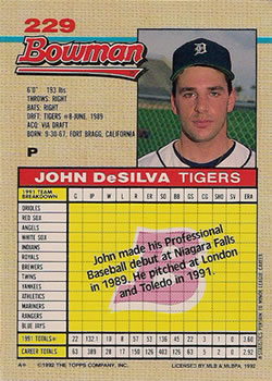 1992 Bowman #229 John DeSilva Back