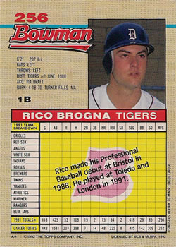 1992 Bowman #256 Rico Brogna Back