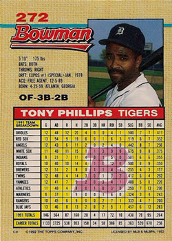 1992 Bowman #272 Tony Phillips Back