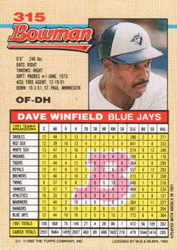 1992 Bowman #315 Dave Winfield Back