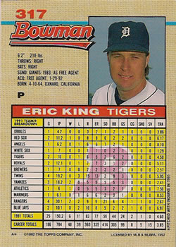 1992 Bowman #317 Eric King Back