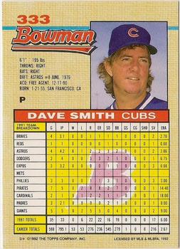 1992 Bowman #333 Dave Smith Back
