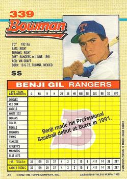 1992 Bowman #339 Benji Gil Back